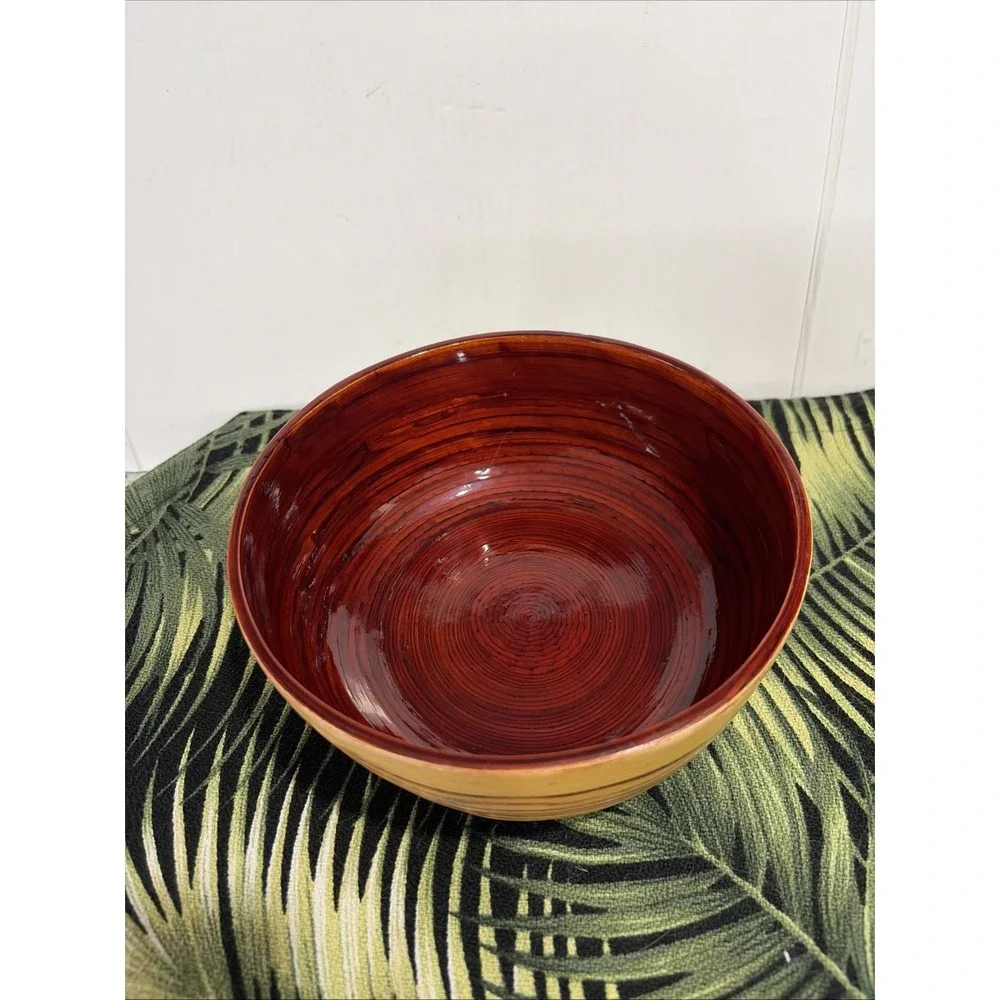 VTG Spun Bamboo Bowl Red Lacquer Centerpiece Gabriella Crespi Style Boho 6.5